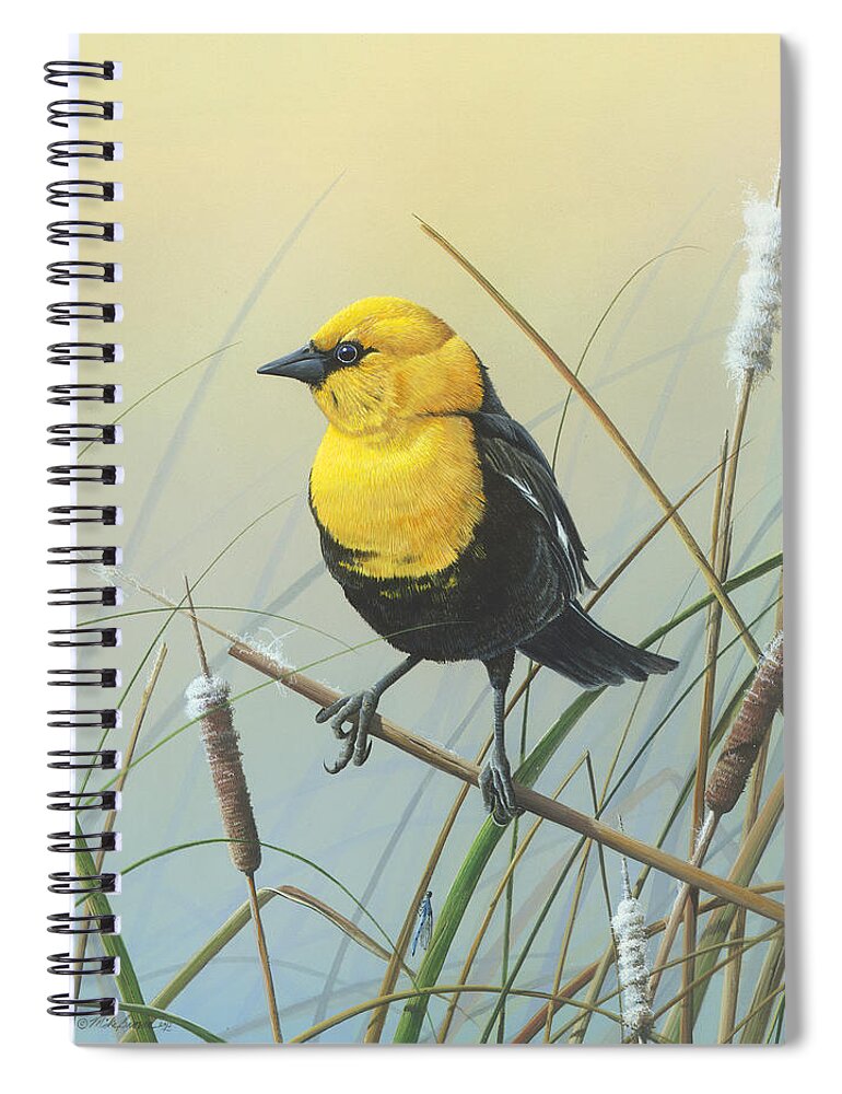 Yellow-headed Black Bird Spiral Notebook featuring the painting Yellow-headed Black Bird by Mike Brown