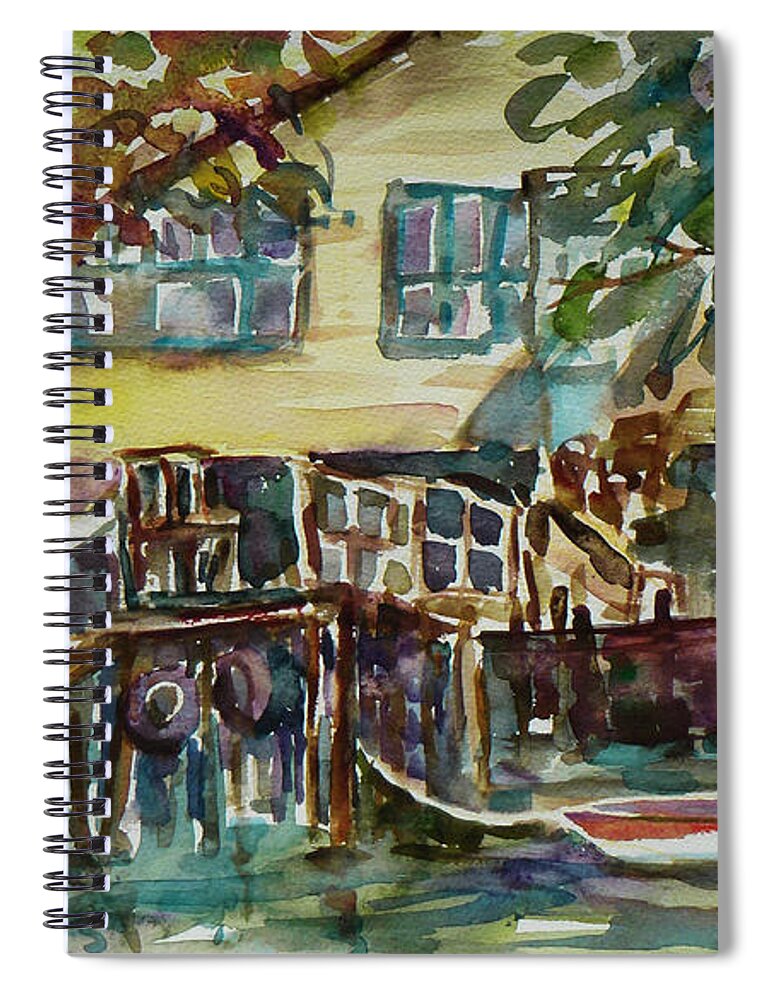 Idyllic Spiral Notebook featuring the painting Yellow House by the River by Xueling Zou