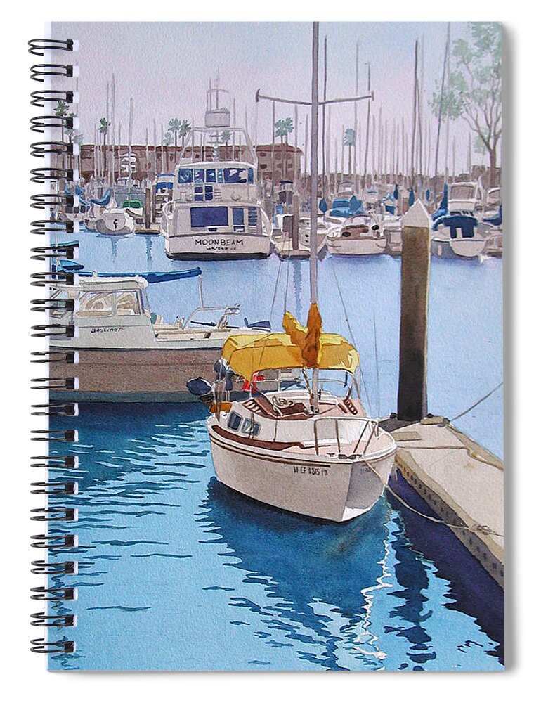 Oceanside Spiral Notebook featuring the painting Yellow Sailboat Oceanside by Mary Helmreich