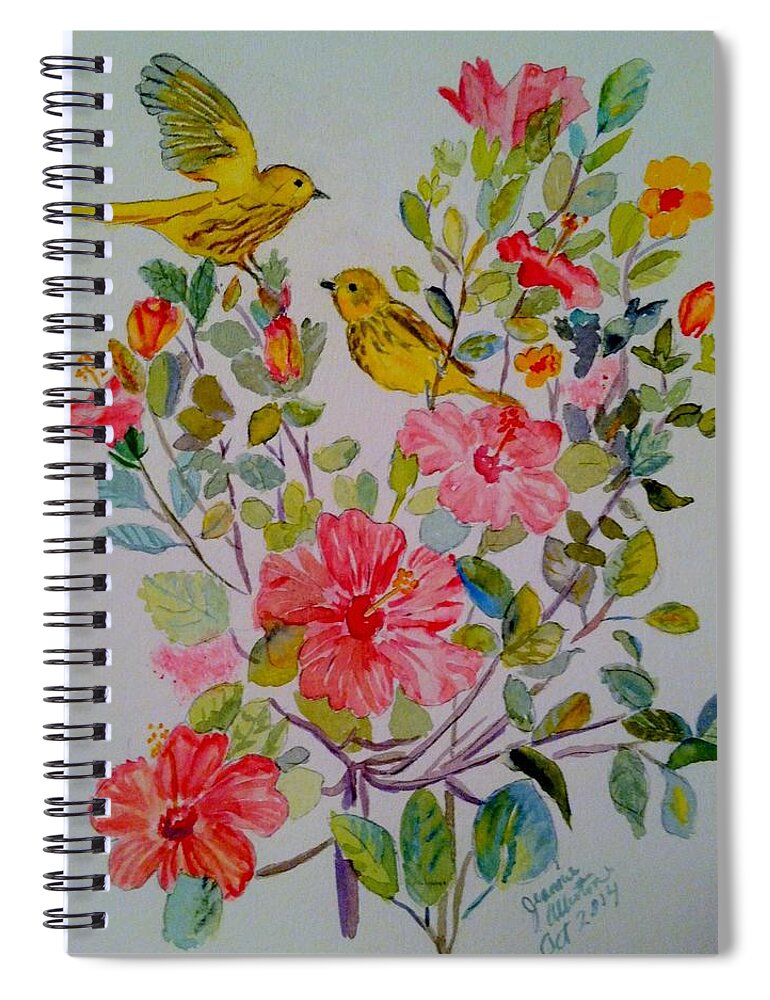 Watercolor Spiral Notebook featuring the painting Yellow Warblers in the Hibiscus by Jeannie Allerton