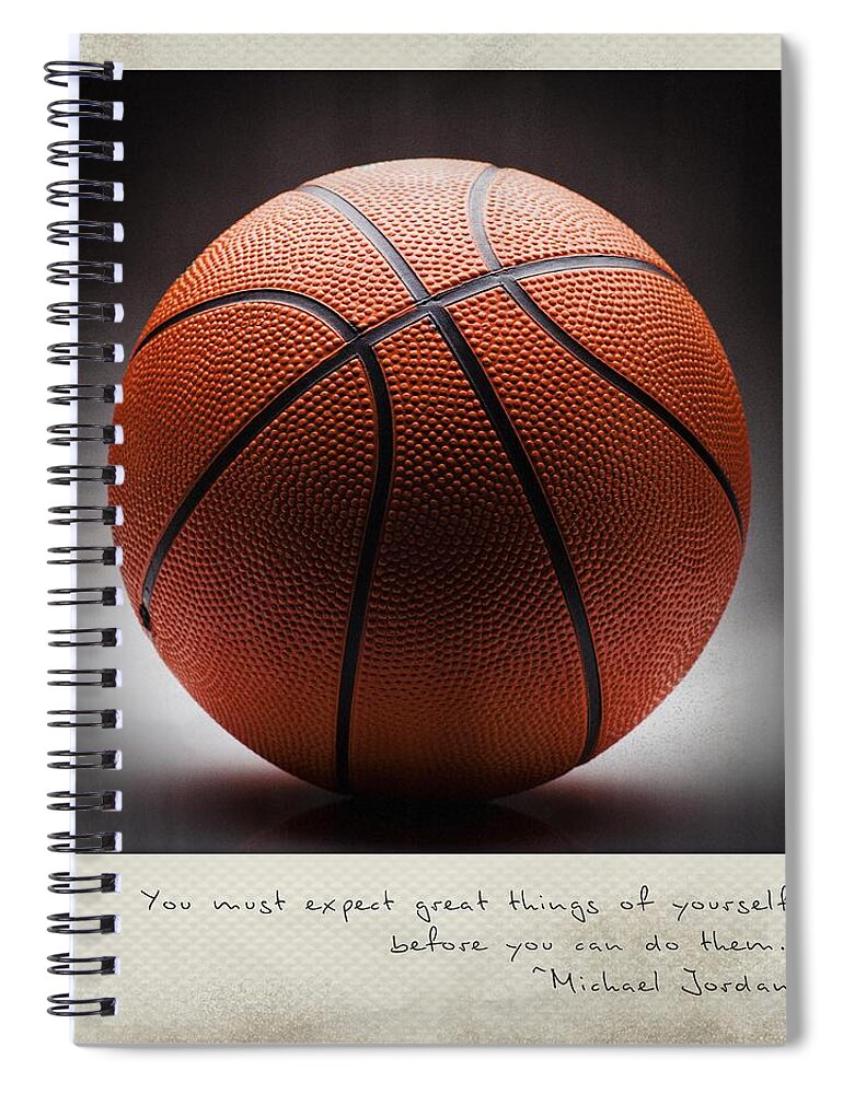 Basketball Spiral Notebook featuring the photograph You must expect great things of yourself before you can do them. - Michael Jordan Polaroid by Bradley R Youngberg