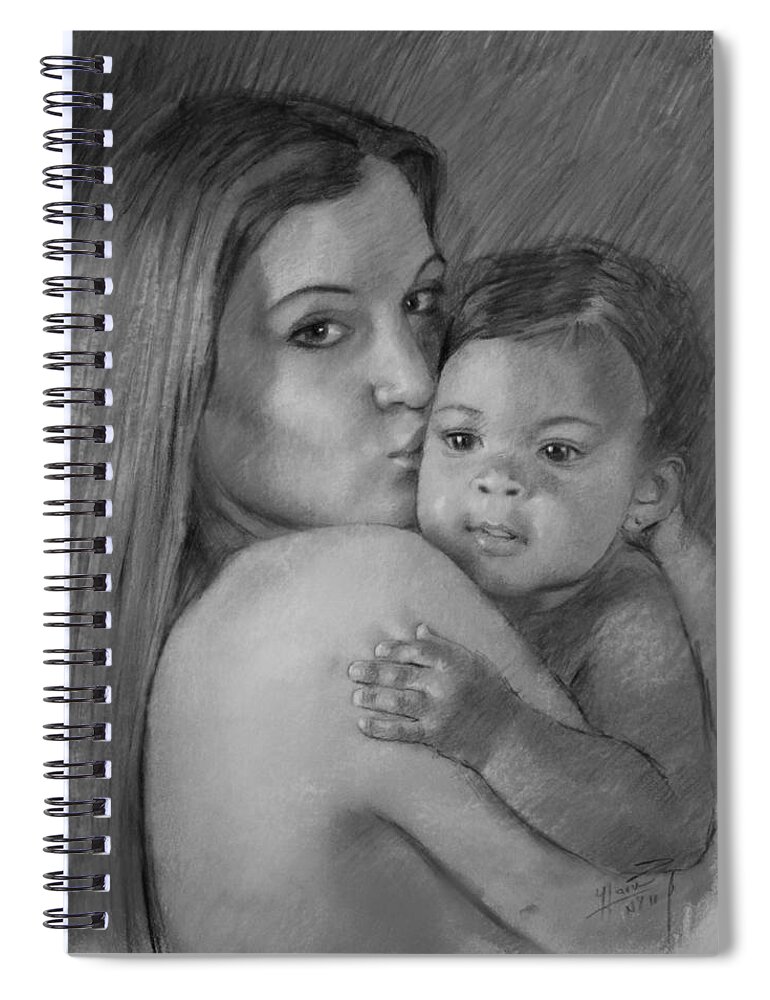 Young Mother Spiral Notebook featuring the drawing Young Mother with her Baby by Viola El