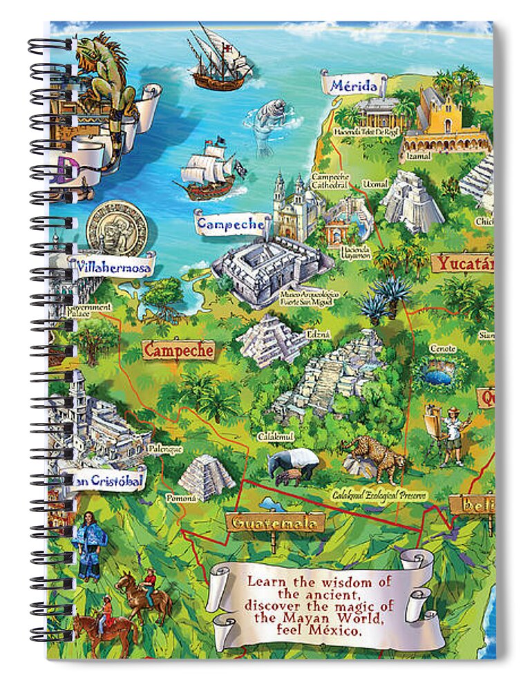 Yucatan Map Illustration Spiral Notebook featuring the painting Yucatan Map Illustration by Maria Rabinky