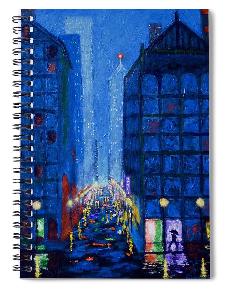 City Rain Spiral Notebook featuring the painting Midnight Drizzle by J Loren Reedy