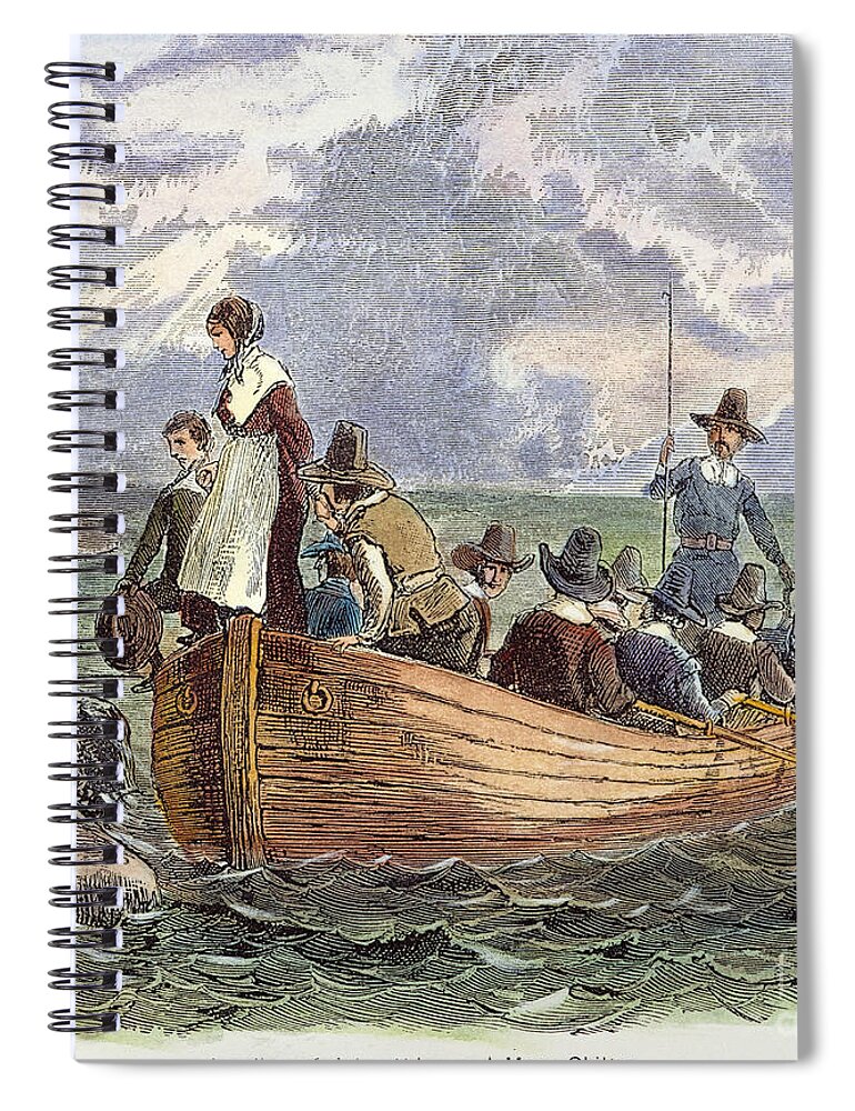 1620 Spiral Notebook featuring the drawing Plymouth Rock Landing #1 by Granger