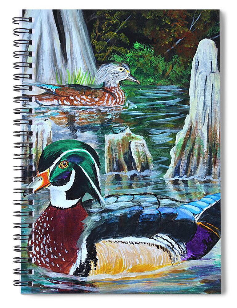 Wood Ducks Spiral Notebook featuring the painting Woodies on the Bayou #1 by Karl Wagner
