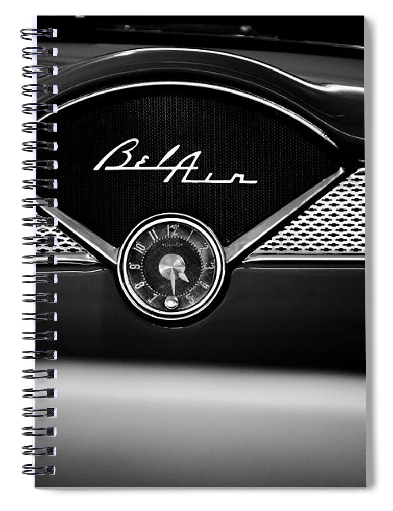 1955 Bel Air Spiral Notebook featuring the photograph 1955 Chevy Bel Air Glow Compartment in Black and White by Sebastian Musial