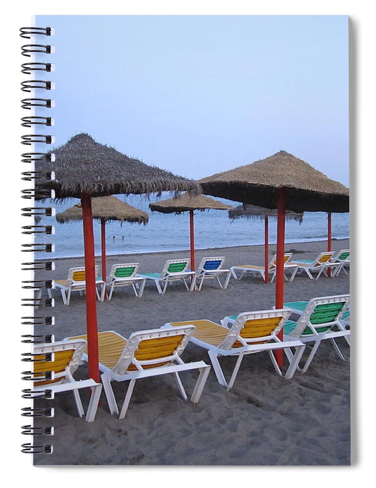 Umbrella Spiral Notebook featuring the photograph Beach Umbrellas and Chairs Costa Del Sol Spain #4 by John Shiron
