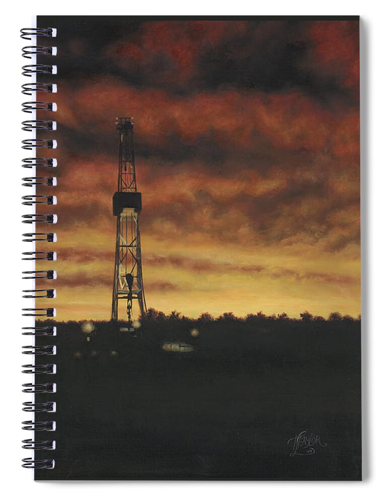 Drilling Rig In Sunset Spiral Notebook featuring the painting All Lit Up by Tammy Taylor