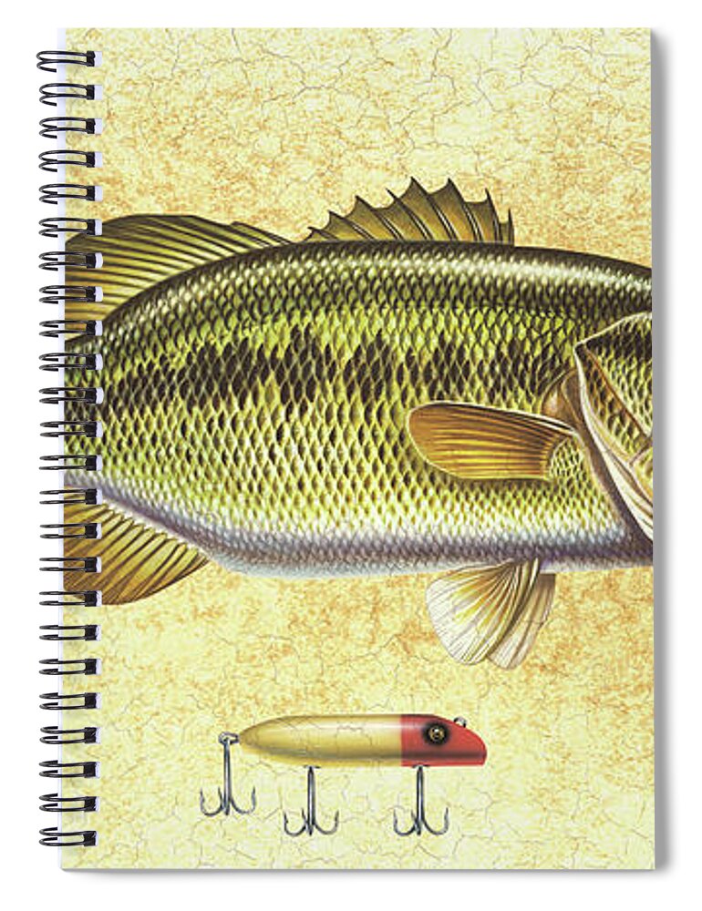 Bass Spiral Notebook featuring the painting Antique Lure and Bass by JQ Licensing