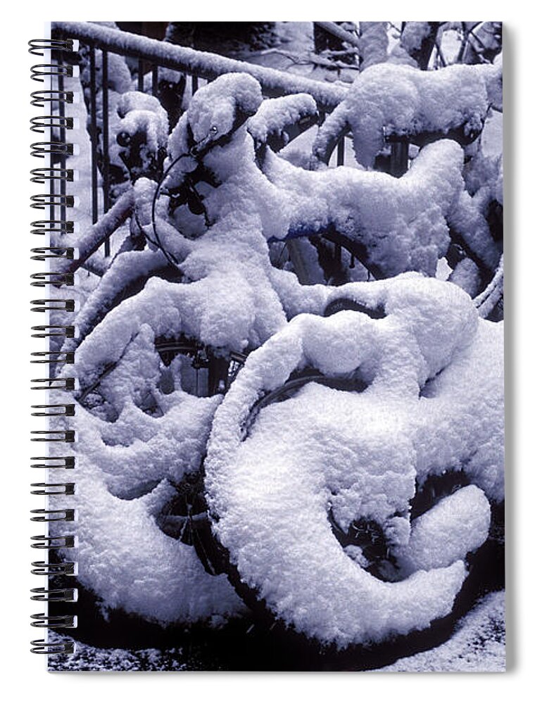 Season Spiral Notebook featuring the photograph Bicycles Covered With Snow by Garry Gay