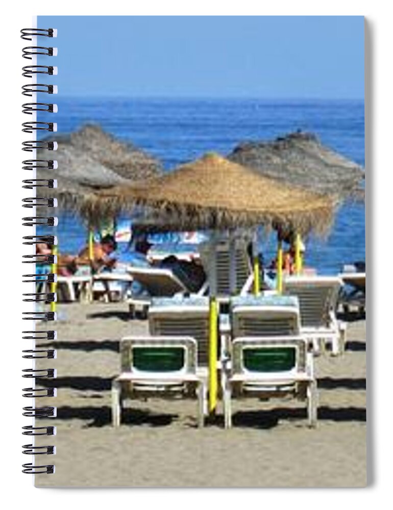 Bikini Spiral Notebook featuring the photograph Bikini Girls Beach Umbrellas Costa Del Sol Spain by John Shiron