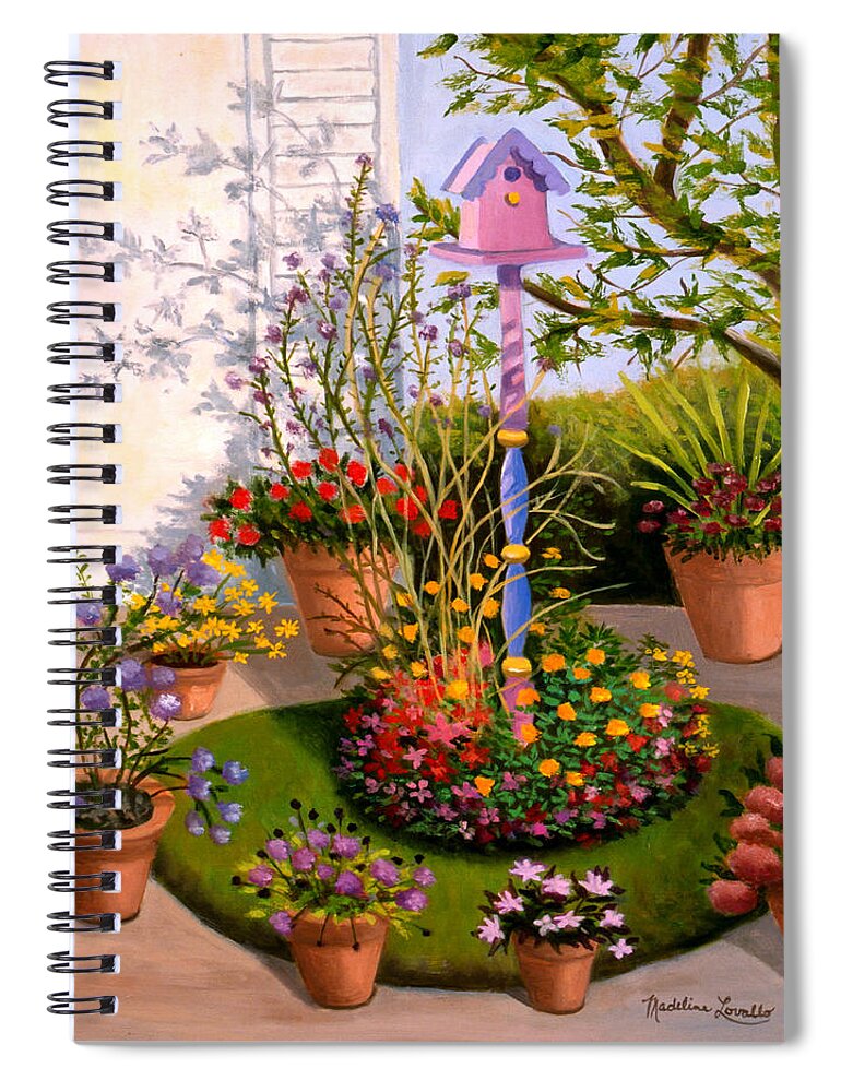 Birdhouse Spiral Notebook featuring the painting Bird House In My Backyard by Madeline Lovallo