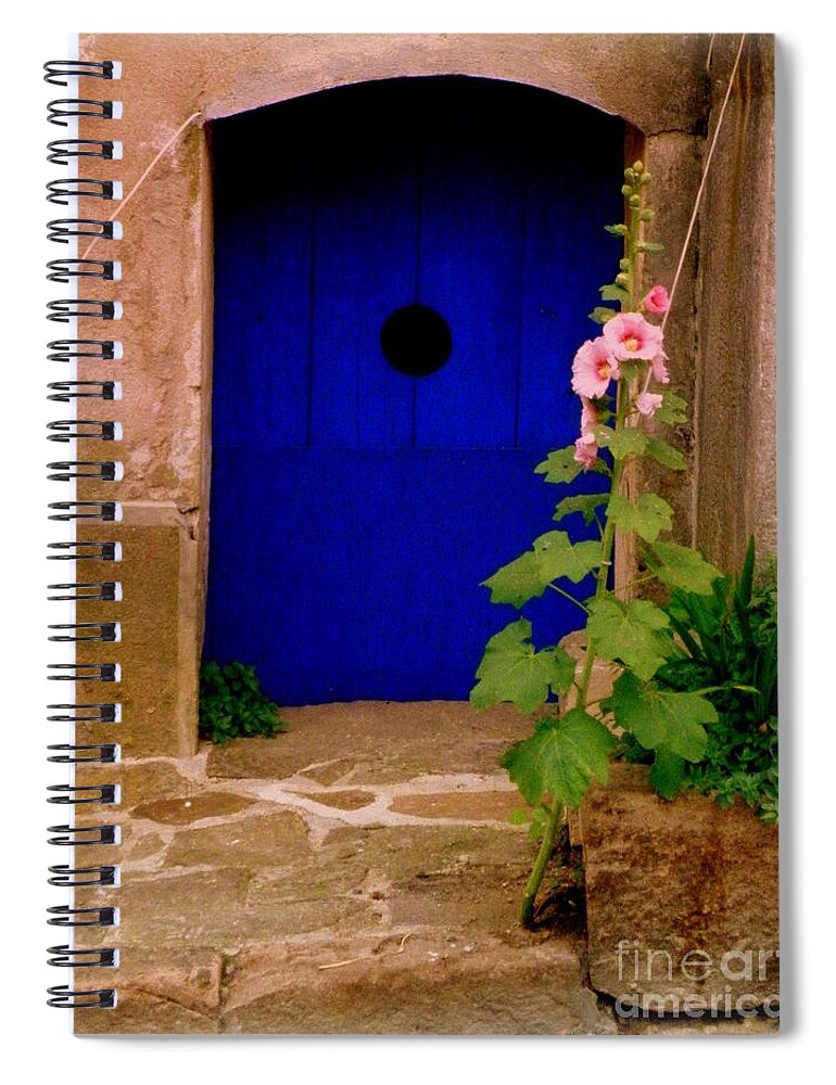 Door Spiral Notebook featuring the photograph Blue Door and Pink Hollyhocks by Lainie Wrightson