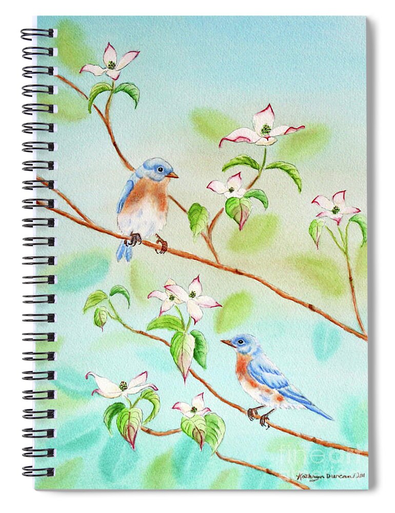 Bluebirds Spiral Notebook featuring the painting Bluebirds In Dogwood Tree II by Kathryn Duncan