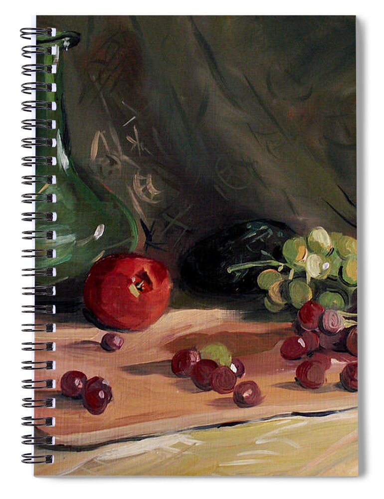 Still Life Spiral Notebook featuring the painting Bottle Avacado and Grapes by Nancy Griswold
