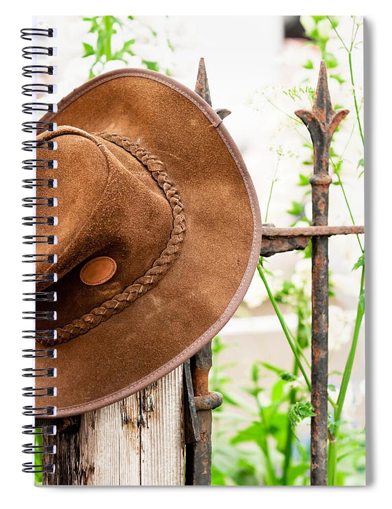 Garden Spiral Notebook featuring the photograph Bush hat on railing by Simon Bratt