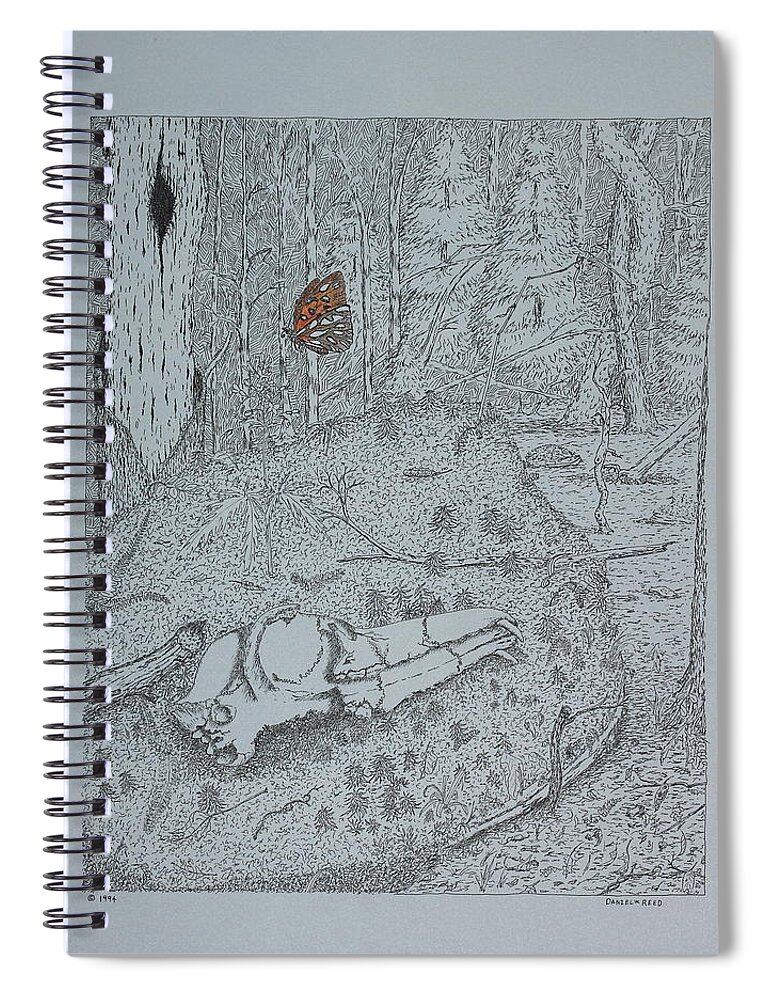 Nature Spiral Notebook featuring the drawing Canine Skull And Butterfly by Daniel Reed