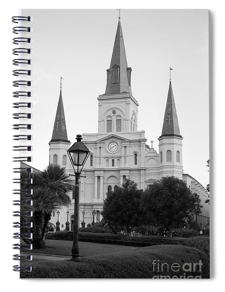 Travelpixpro New Orleans Spiral Notebook featuring the photograph Cathedral and Lampost on Jackson Square in the French Quarter New Orleans Black and White by Shawn O'Brien