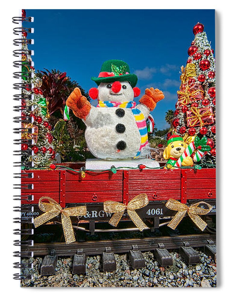 Snowman Spiral Notebook featuring the photograph Christmas Snowman On Rails by Christopher Holmes