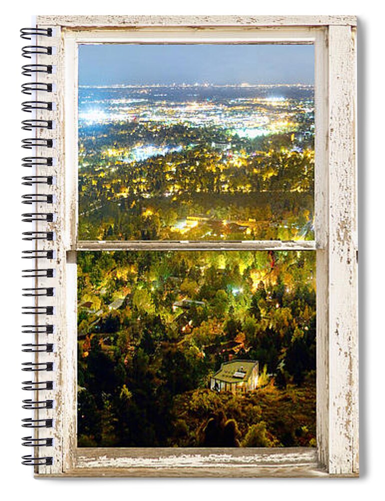 'window Frame Art' Spiral Notebook featuring the photograph City Lights White Rustic Picture Window Frame Photo Art View by James BO Insogna