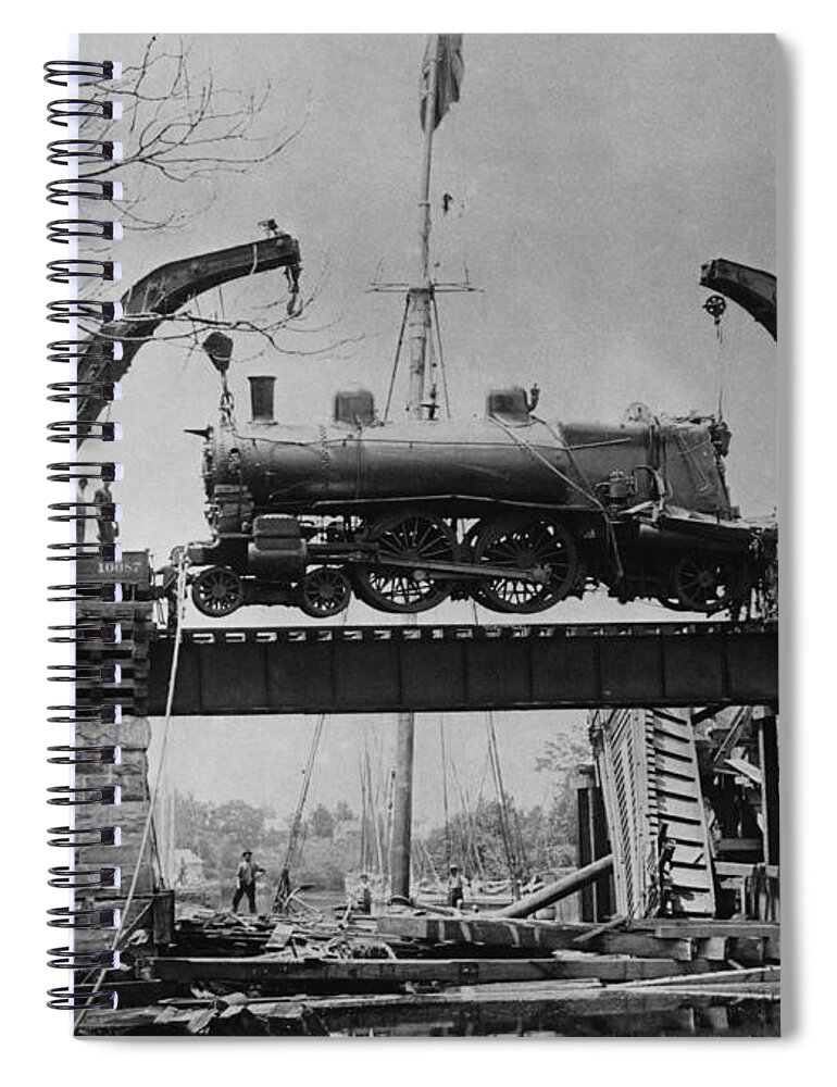 Historic Spiral Notebook featuring the photograph Collapsed Bridge and Train Recovery by M E Warren and Photo Researchers