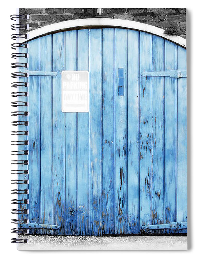 Travelpixpro Color Splash Spiral Notebook featuring the photograph Colorful Blue Garage Door French Quarter New Orleans Color Splash Black and White and Diffuse Glow by Shawn O'Brien