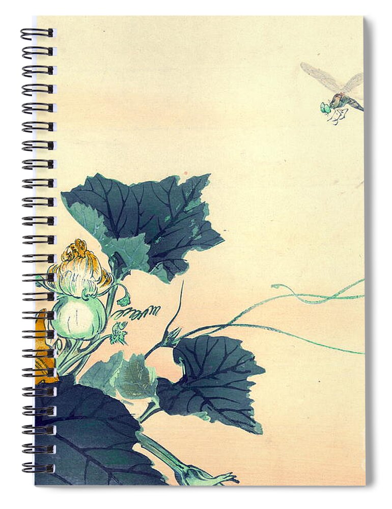Dragonfly And Squash Blossoms 1890 Spiral Notebook featuring the photograph Dragonfly and Squash Blossoms 1890 by Padre Art