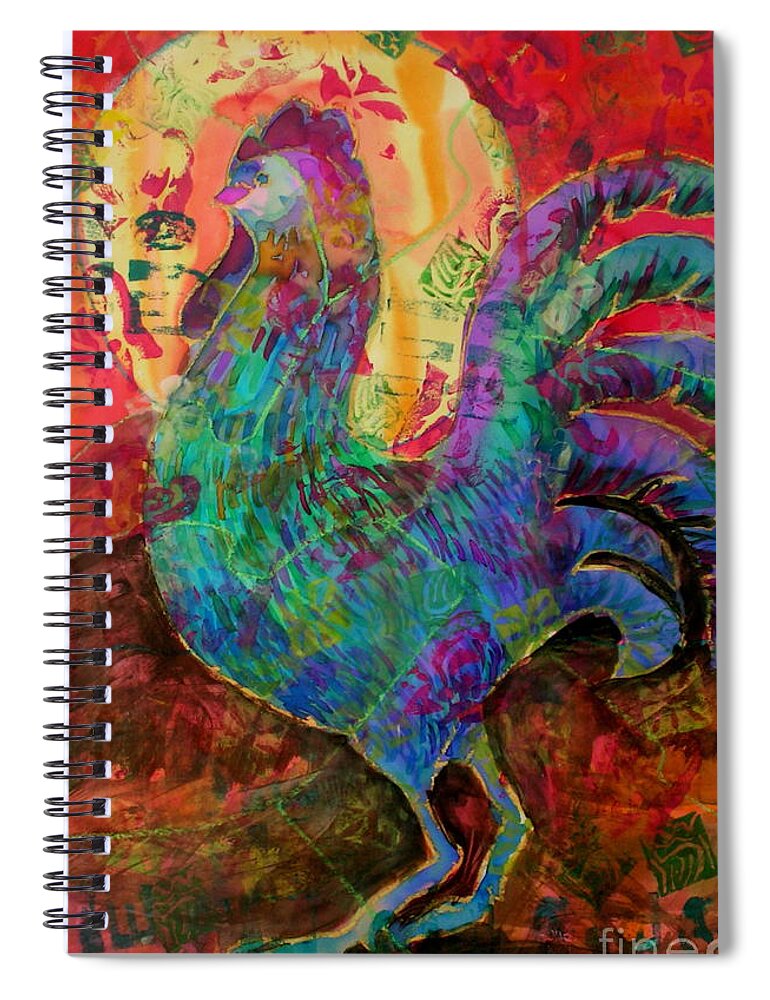 Chickens-rooster Spiral Notebook featuring the mixed media Early Riser by Genie Morgan