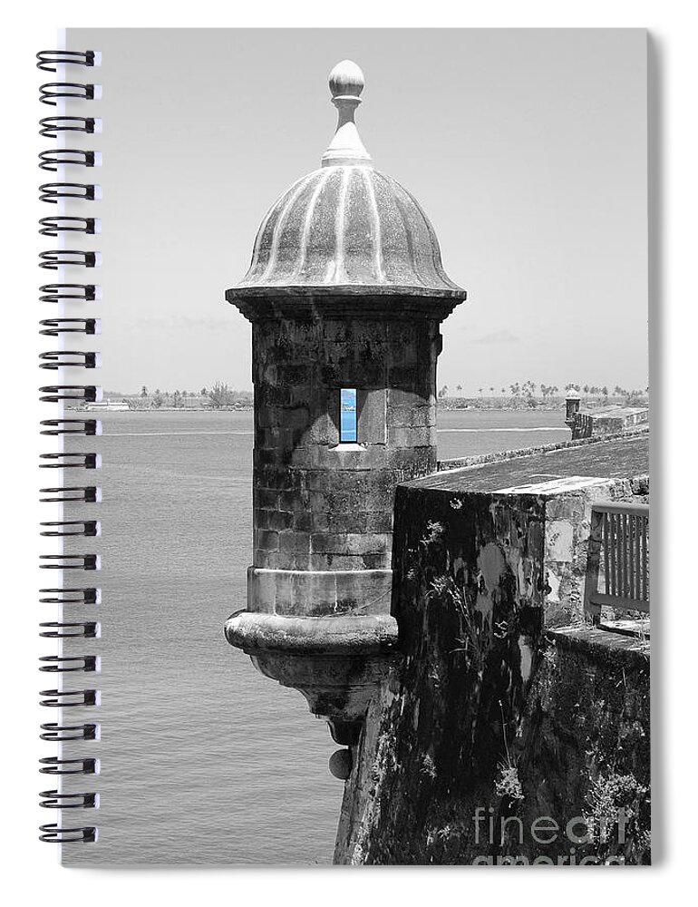 Old San Juan Spiral Notebook featuring the photograph El Morro Sentry Tower Color Splash Black and White San Juan Puerto Rico by Shawn O'Brien