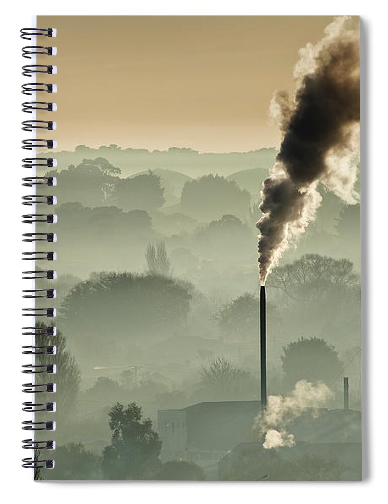 00429961 Spiral Notebook featuring the photograph Factory Chimneys Belch Smoke by Colin Monteath