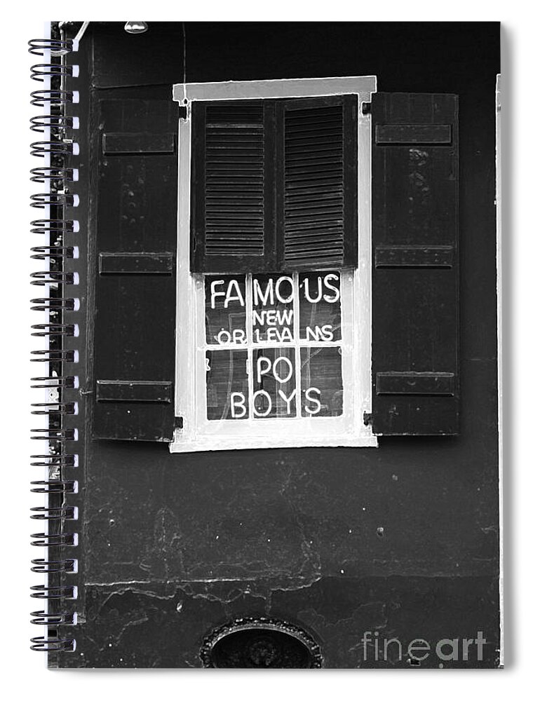 Travelpixpro New Orleans Spiral Notebook featuring the digital art Famous New Orleans PO BOYS Neon Window Sign Black and White Accented Edges Digital Art by Shawn O'Brien