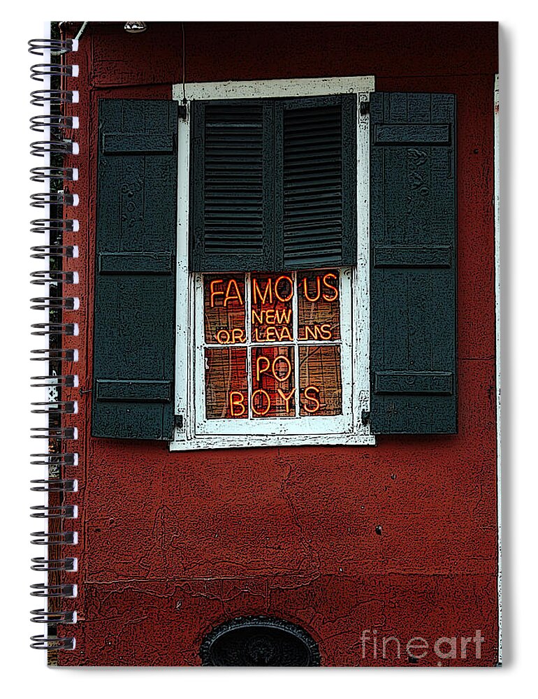 Travelpixpro New Orleans Spiral Notebook featuring the digital art Famous New Orleans PO BOYS Red Neon Window Sign Poster Edges by Shawn O'Brien