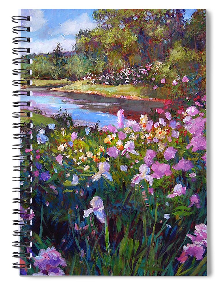 Gardens Spiral Notebook featuring the painting Garden Along the River by David Lloyd Glover