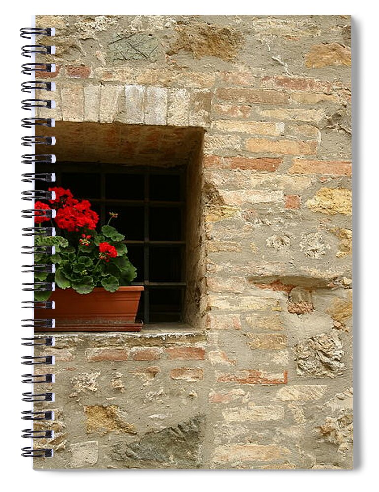 Tuscany Spiral Notebook featuring the photograph Geraniums in the Window by Donna Corless
