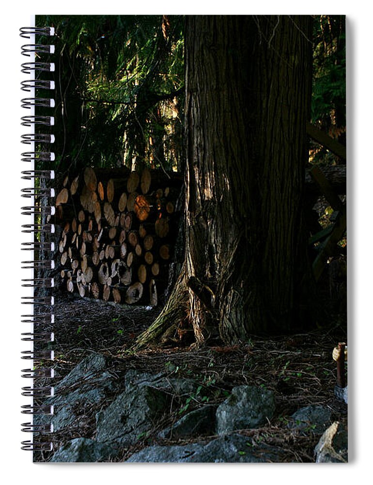 Gnome Spiral Notebook featuring the photograph Gnome and the Woodpile by Lorraine Devon Wilke