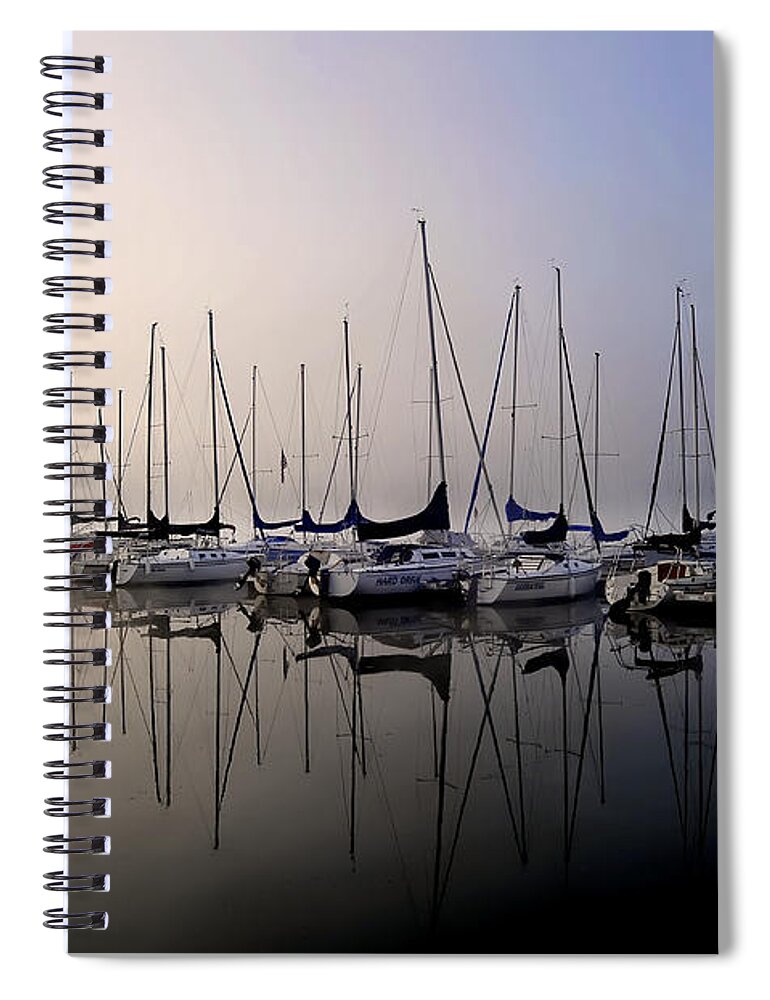 Gold Fog Blue Fog Sun Rise Sailboatssailboat Blues Spiral Notebook featuring the photograph Gold n blue sailboats too by Randall Branham
