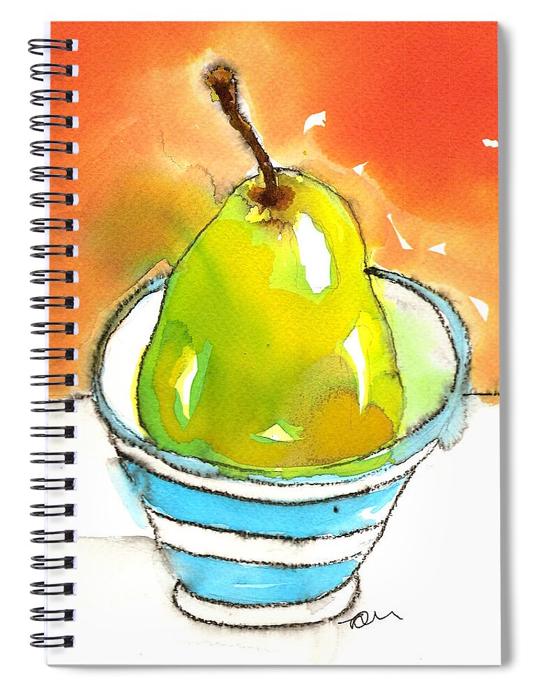 Pear Spiral Notebook featuring the painting Green Pear in Blue Striped Bowl by Tracy-Ann Marrison