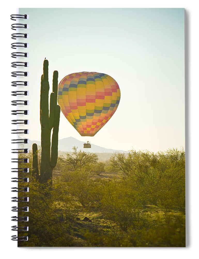 Arizona Spiral Notebook featuring the photograph Hot Air Balloon over the Arizona Desert With Giant Saguaro by James BO Insogna