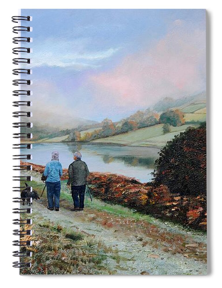 Peak District; Walkers; Walking; English Landscape; Countryside; Derbyshire; Landscape; Hills; Hill; Tree; Trees; Man; Woman; Male; Female; Dog; Stroll Spiral Notebook featuring the painting Ladybower Reservoir - Derbyshire by Trevor Neal