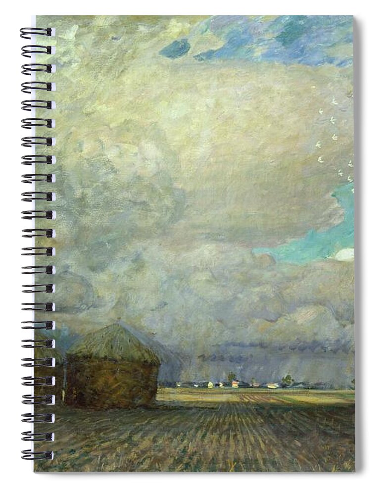 Field; Ploughed; Hut; Shack; Thatched; Thatch; Cloudy; Sky; Menacing; Brooding; Stormy; Flat; Horizon; Clouds; Agriculture Spiral Notebook featuring the painting Landscape with Huts by Leopold Karl Walter von Kalckreuth