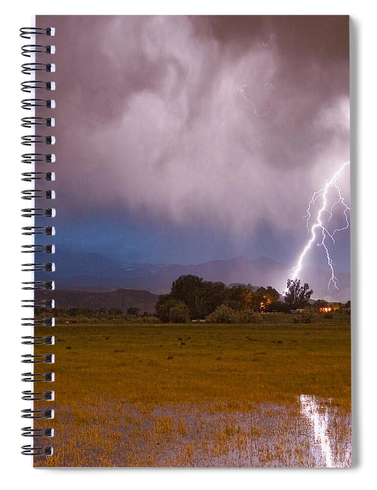 Lightning Spiral Notebook featuring the photograph Lightning Striking Longs Peak Foothills 8C by James BO Insogna