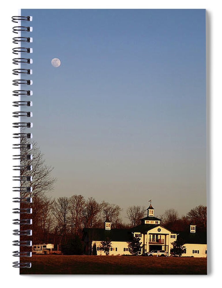  Spiral Notebook featuring the photograph 'Moon Over Crescent Farm' by PJQandFriends Photography