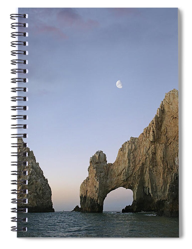 00441437 Spiral Notebook featuring the photograph Moon Over El Arco Cabo San Lucas Mexico by Tim Fitzharris