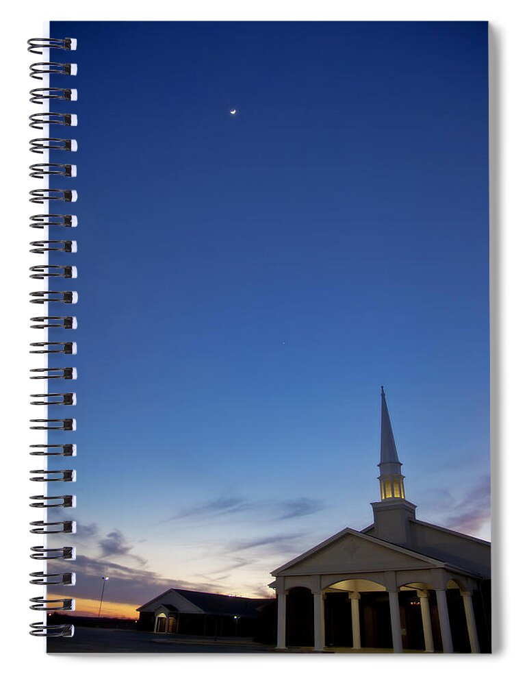 Sunset Spiral Notebook featuring the photograph Moon over steeple at New Hope Baptist Church West Duncan Oklahoma by Toni Hopper