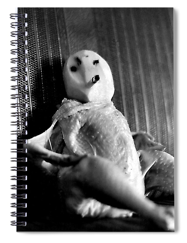 Chicken Spiral Notebook featuring the photograph Mr. Chicken Potato Head Takes A Smoke Break In The Back Seat Of My Car by Rory Siegel