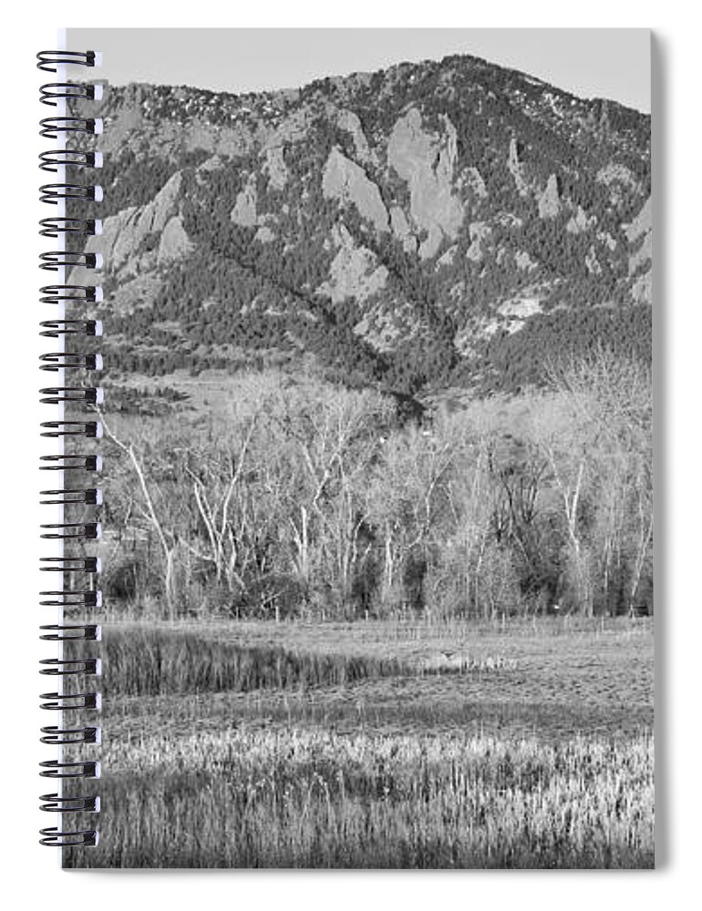 'flatiron' Spiral Notebook featuring the photograph NCAR and Flatiron View Boulder Colorado BW by James BO Insogna