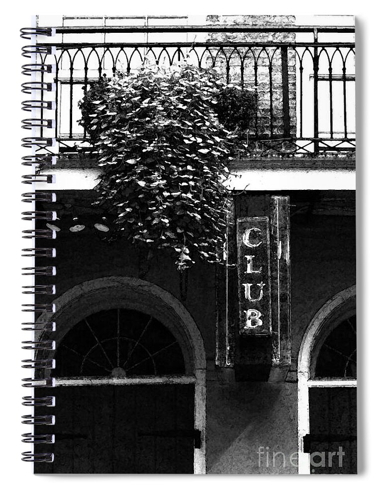 New Orleans Spiral Notebook featuring the digital art Neon Club Sign Bourbon Street Corner French Quarter Black and White Fresco Digital Art by Shawn O'Brien