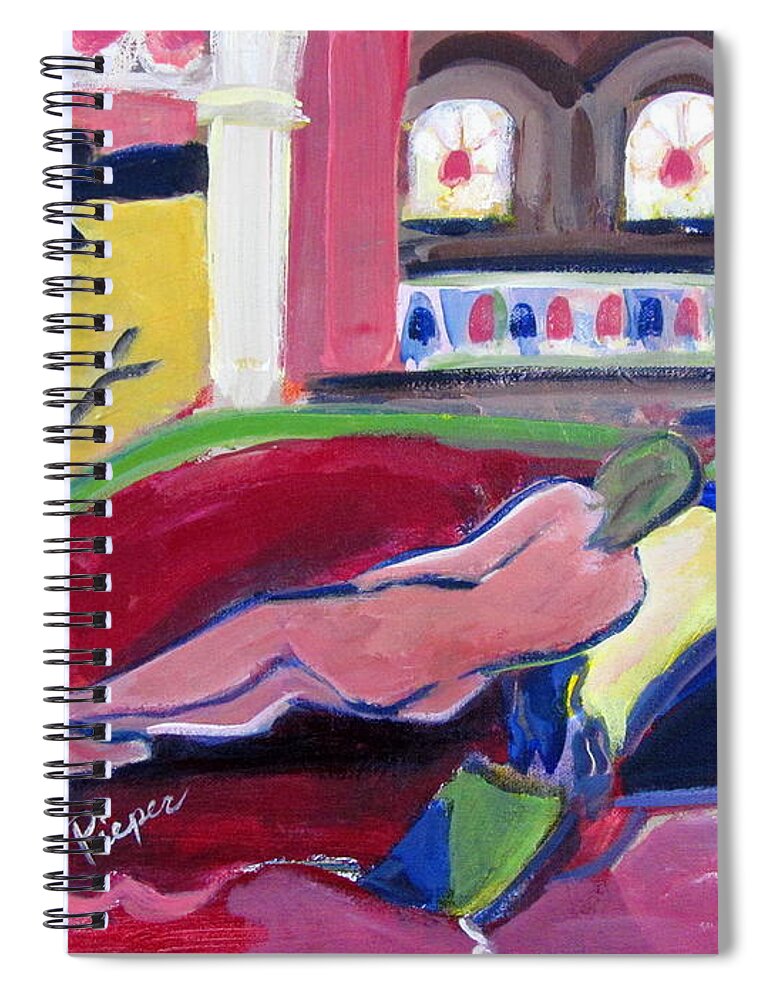 Nude On Old Fashioned Wheeled Lounge Spiral Notebook featuring the painting Nude with Fan in Foyer by Betty Pieper