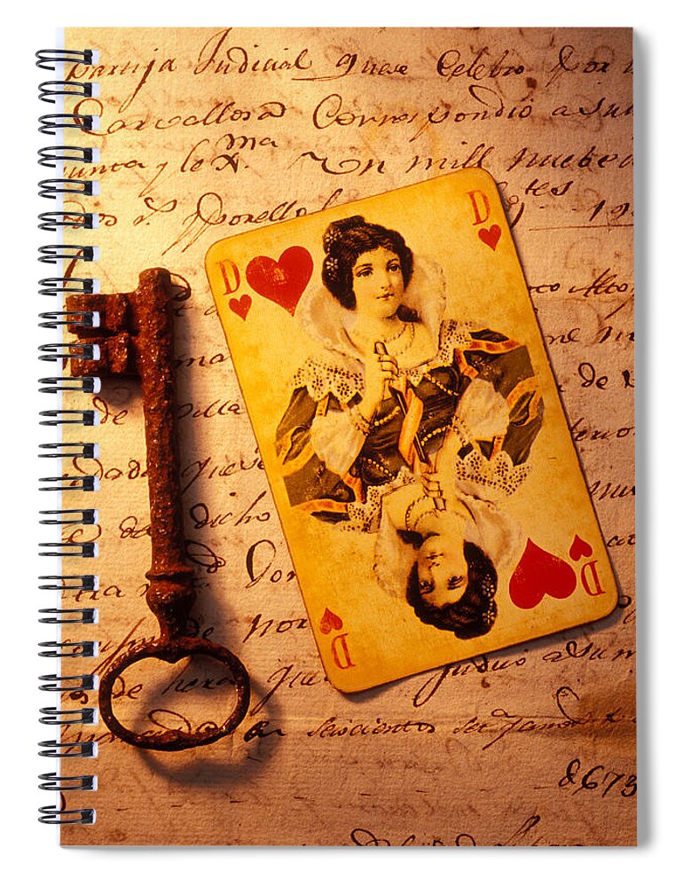 Playing Spiral Notebook featuring the photograph Old playing Card and key by Garry Gay